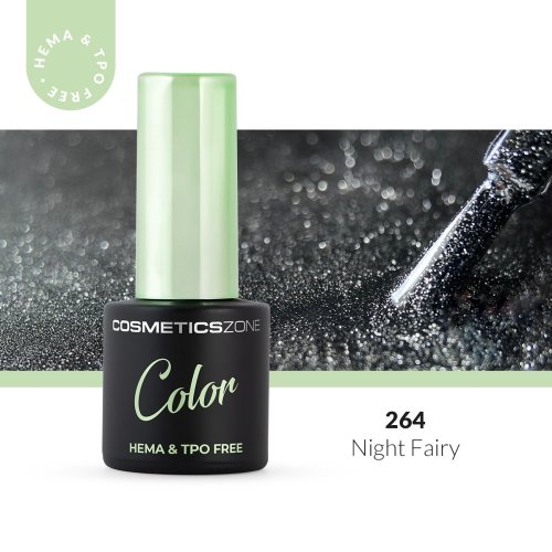 Lakier hybrydowy hipoalergiczny czarny z drobinkami 7ml - Night Fairy 264 bez HEMA i bez TPO