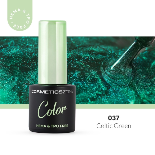 Lakier hybrydowy hipoalergiczny butelkowa zieleń z drobinkami 7ml - Celtic Green 037 bez HEMA i bez TPO