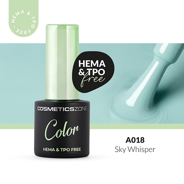 Lakier hybrydowy Cosmetics Zone Color A018 Sky Whisper – delikatny, pastelowy odcień zieleni, buteleczka 7 ml z oznaczeniem HEMA & TPO free.