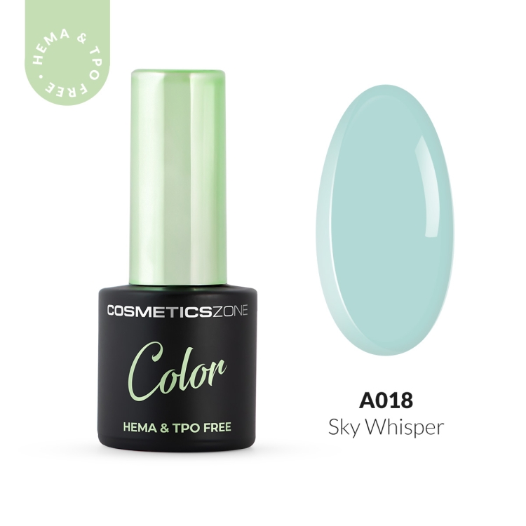 Lakier hybrydowy Cosmetics Zone Color A018 Sky Whisper – pastelowy, chłodny odcień mięty, butelka 7 ml HEMA & TPO free oraz wzornik koloru.