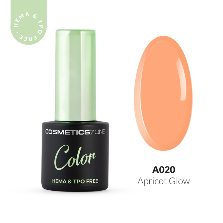 Lakier hybrydowy Cosmetics Zone Color A020 Apricot Glow – ciepły, morelowy odcień, butelka 7 ml HEMA & TPO free oraz wzornik koloru.