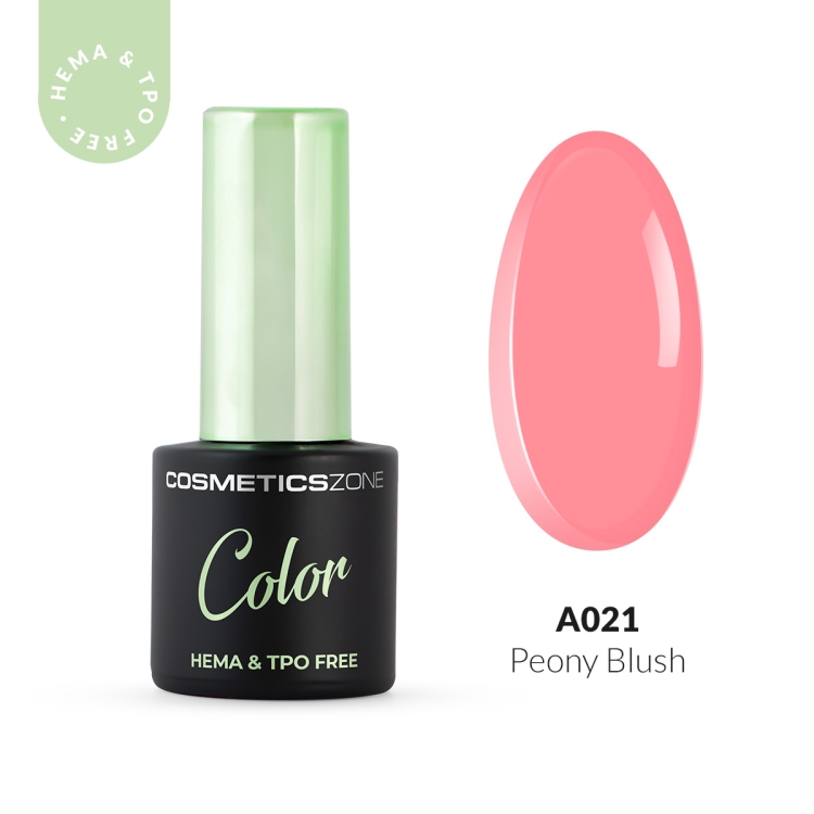 Lakier hybrydowy Cosmetics Zone Color A021 Peony Blush – subtelny, różowy odcień, butelka 7 ml HEMA & TPO free oraz wzornik koloru.