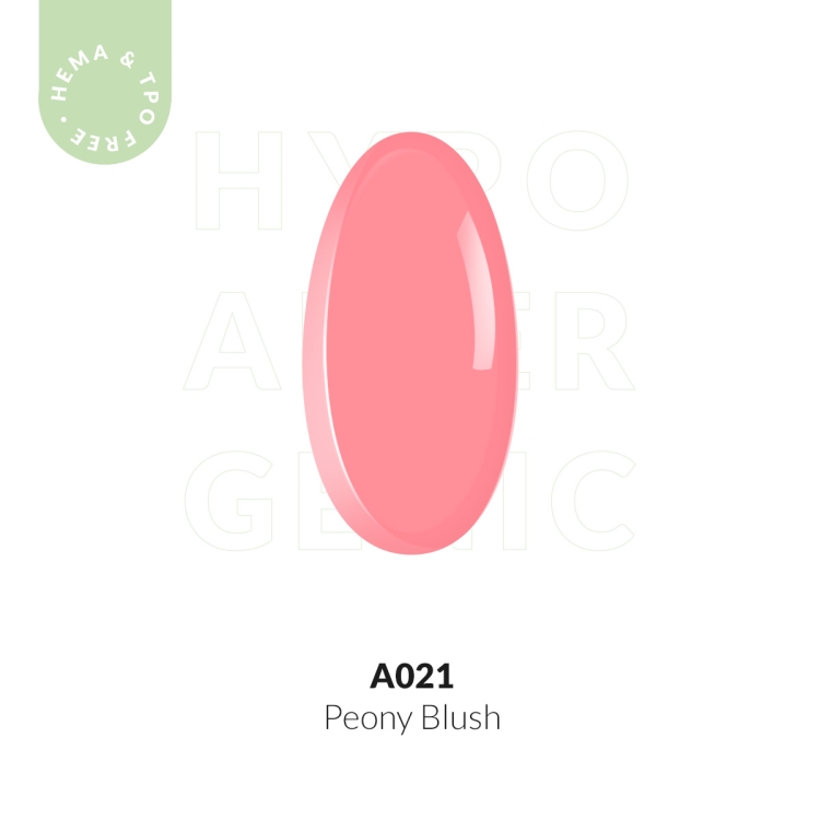Wzornik koloru lakieru hybrydowego A021 Peony Blush – delikatny, różowy odcień o kremowym wykończeniu.