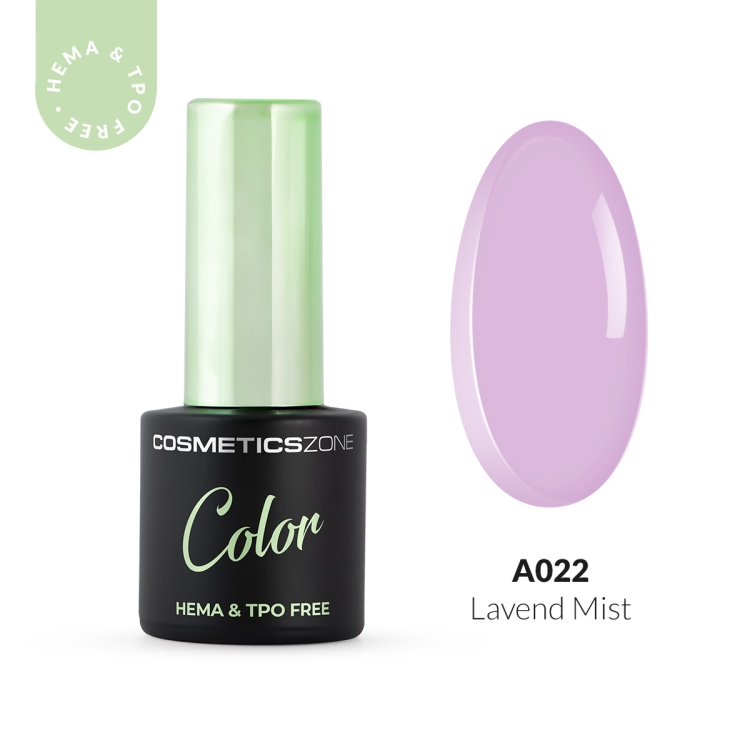 Lakier hybrydowy Cosmetics Zone Color A022 Lavend Mist – subtelny, lawendowy odcień, butelka 7 ml HEMA & TPO free oraz wzornik koloru.