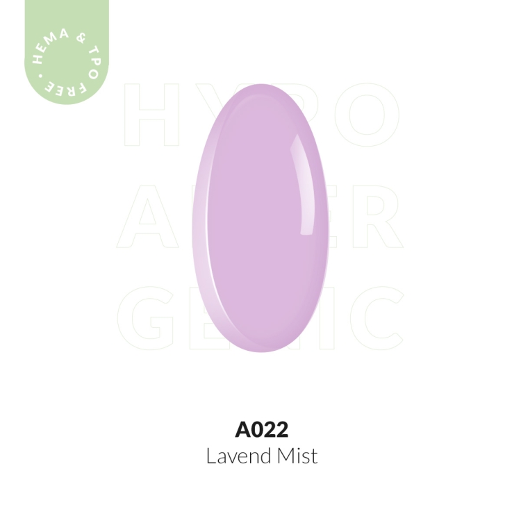Wzornik koloru lakieru hybrydowego A022 Lavend Mist – delikatny, lawendowy odcień o kremowym wykończeniu.