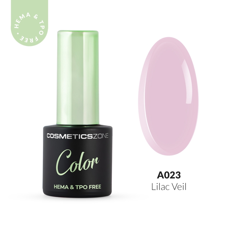 Lakier hybrydowy Cosmetics Zone Color A023 Lilac Veil – delikatny, liliowy odcień, butelka 7 ml HEMA & TPO free oraz wzornik koloru.
