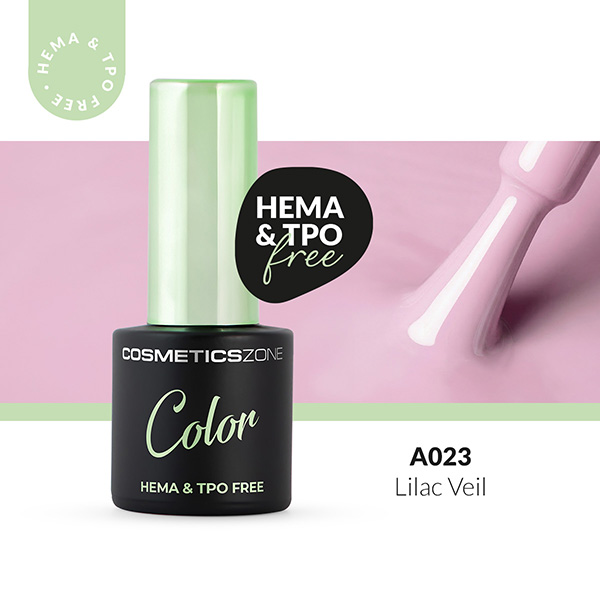 Lakier hybrydowy Cosmetics Zone Color A023 Lilac Veil – subtelny, liliowy odcień, buteleczka 7 ml z oznaczeniem HEMA & TPO free.