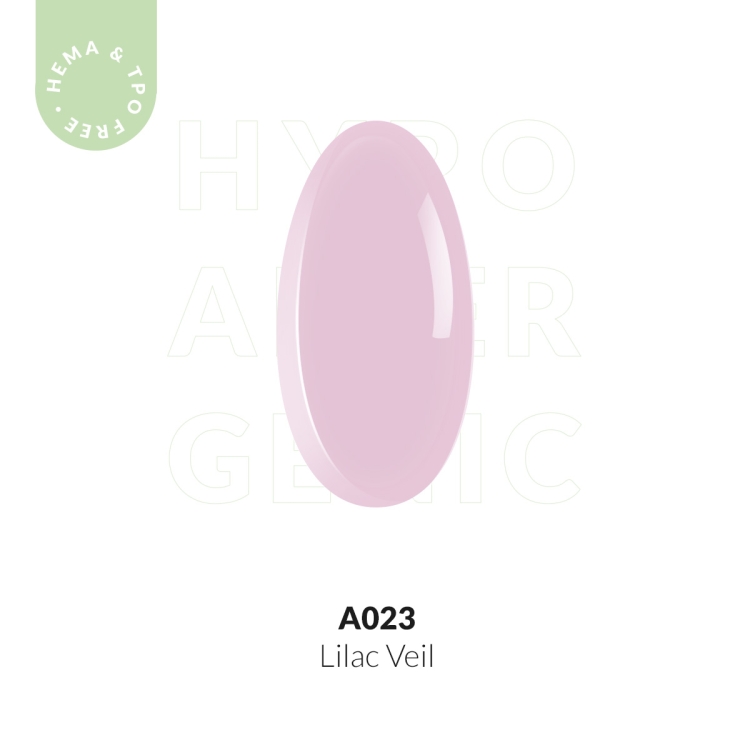 Wzornik koloru lakieru hybrydowego A023 Lilac Veil – subtelny, liliowy odcień o kremowym wykończeniu.