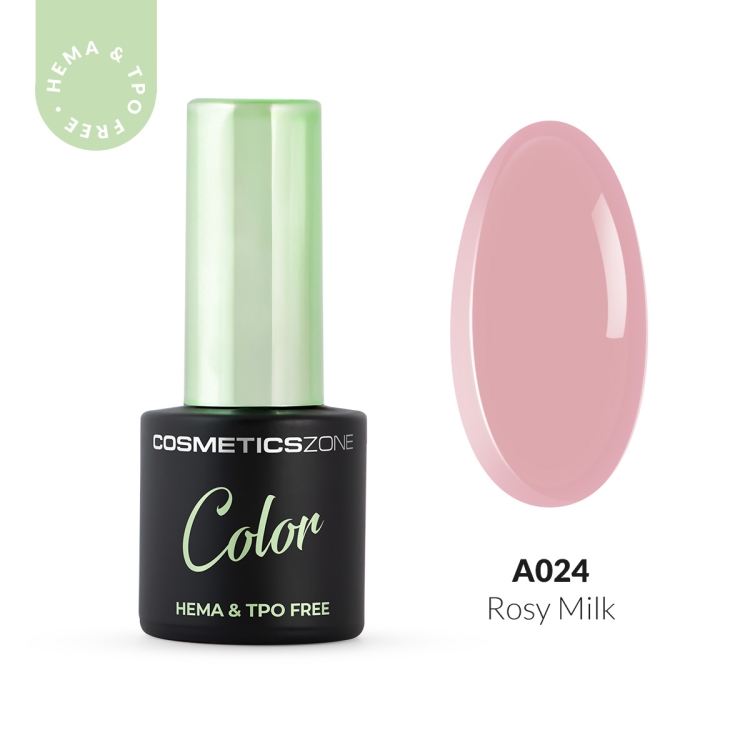 Lakier hybrydowy Cosmetics Zone Color A024 Rosy Milk – subtelny, mleczno-różowy odcień, butelka 7 ml HEMA & TPO free oraz wzornik koloru.