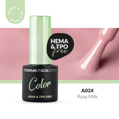 Lakier hybrydowy Cosmetics Zone Color A024 Rosy Milk – delikatny, mleczno-różowy odcień, buteleczka 7 ml z oznaczeniem HEMA &amp; TPO free.
