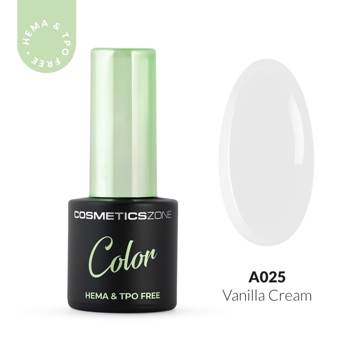 Lakier hybrydowy Cosmetics Zone Color A025 Vanilla Cream – klasyczny, mlecznobiały odcień, butelka 7 ml HEMA & TPO free oraz wzornik koloru.