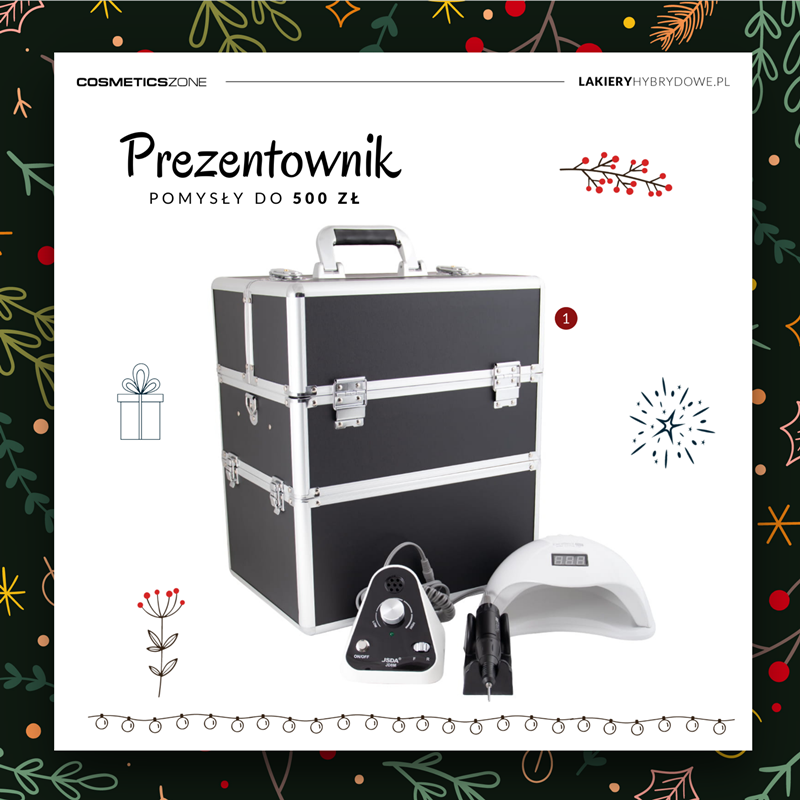 Grafika przedstawiająca kuferek na kosmetyki, frezarkę do paznkci i lampę LED do hybrydy jako pomysł na prezent dla kobiety
