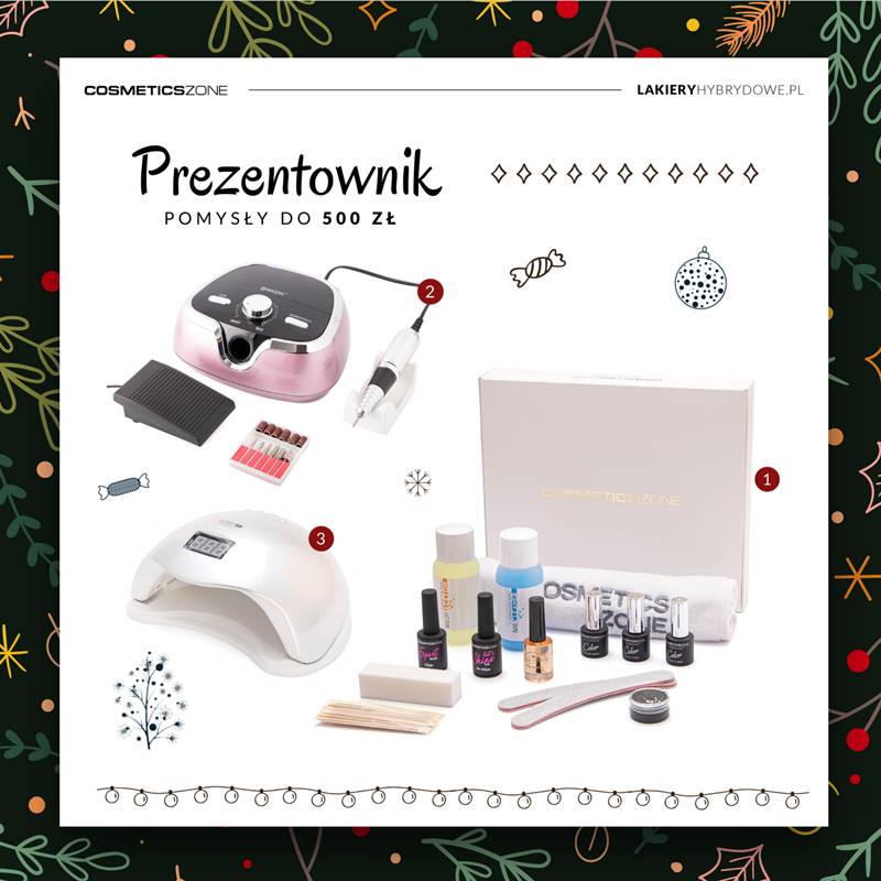 Grafika przedstawiająca frezarkę do paznokci, lampę LED do hybrydy, zestaw startowy do paznokci jako pomysł na prezent dla kobiety