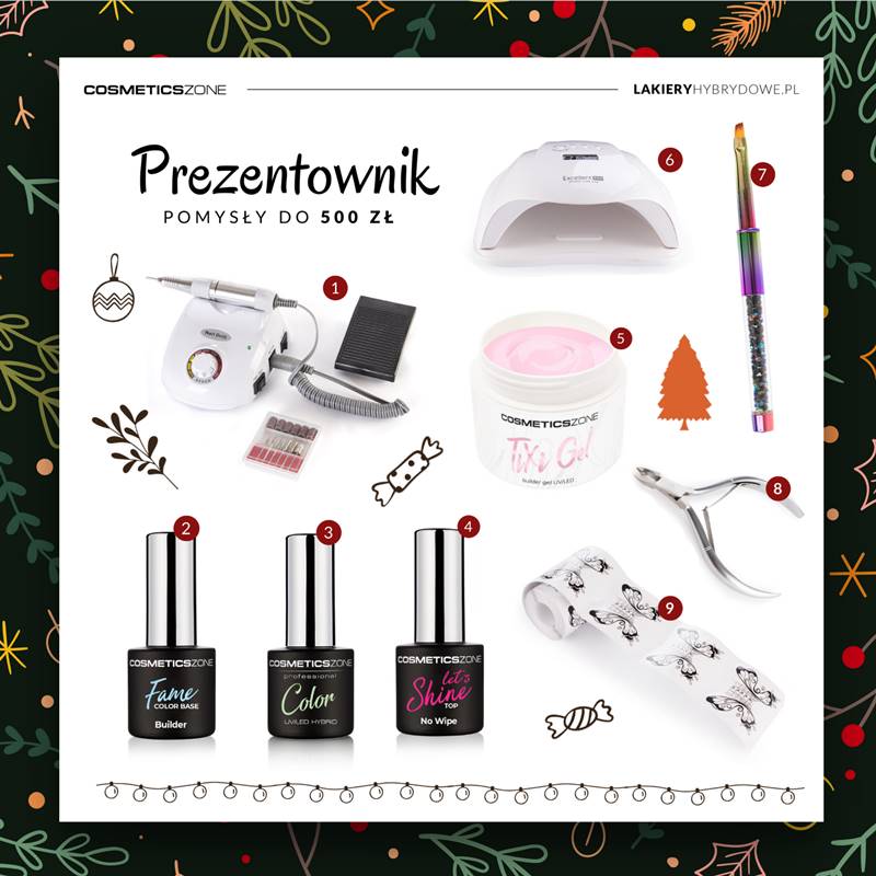 Grafika przestawiająca lampę LED do hybrydy, frezarkę, słoiczek żelu do przedłużania paznokci, pędzelek do nakładania żelu, szablony do przedłużania paznokci, butelki z lakierami jako pomysł na prezent dla kobiety