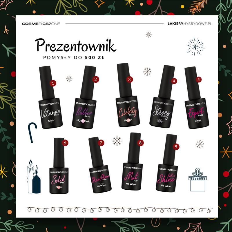 Grafika przedstawiającca butelki z bazami do manicure jako pomysł na prezent dla kobiety