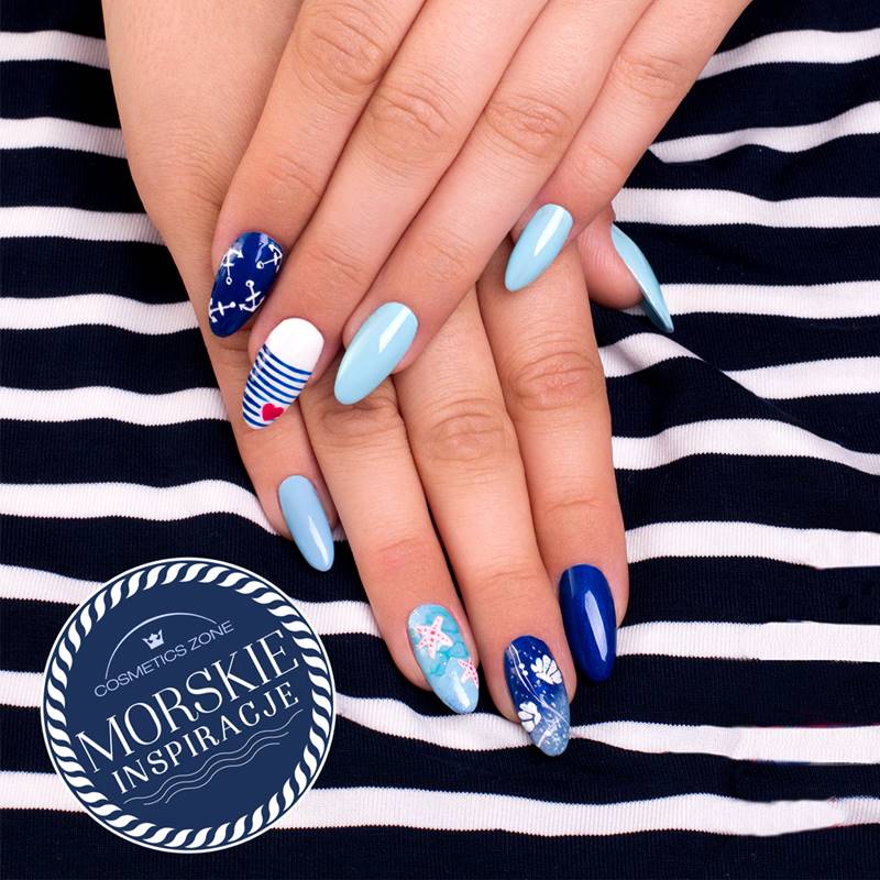 Paznokcie hybrydowe. Manicure ze dobieniem z motywami morskimi