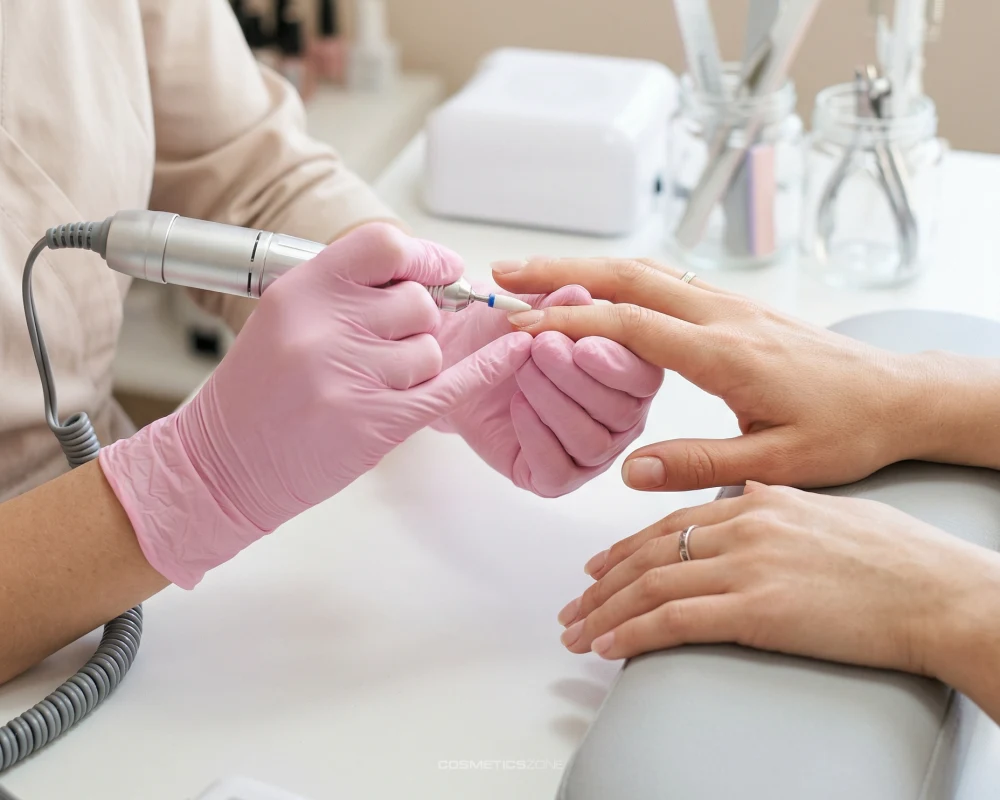Stylizacja paznokci frezarką, profesjonalne opracowanie płytki i skórek w salonie manicure