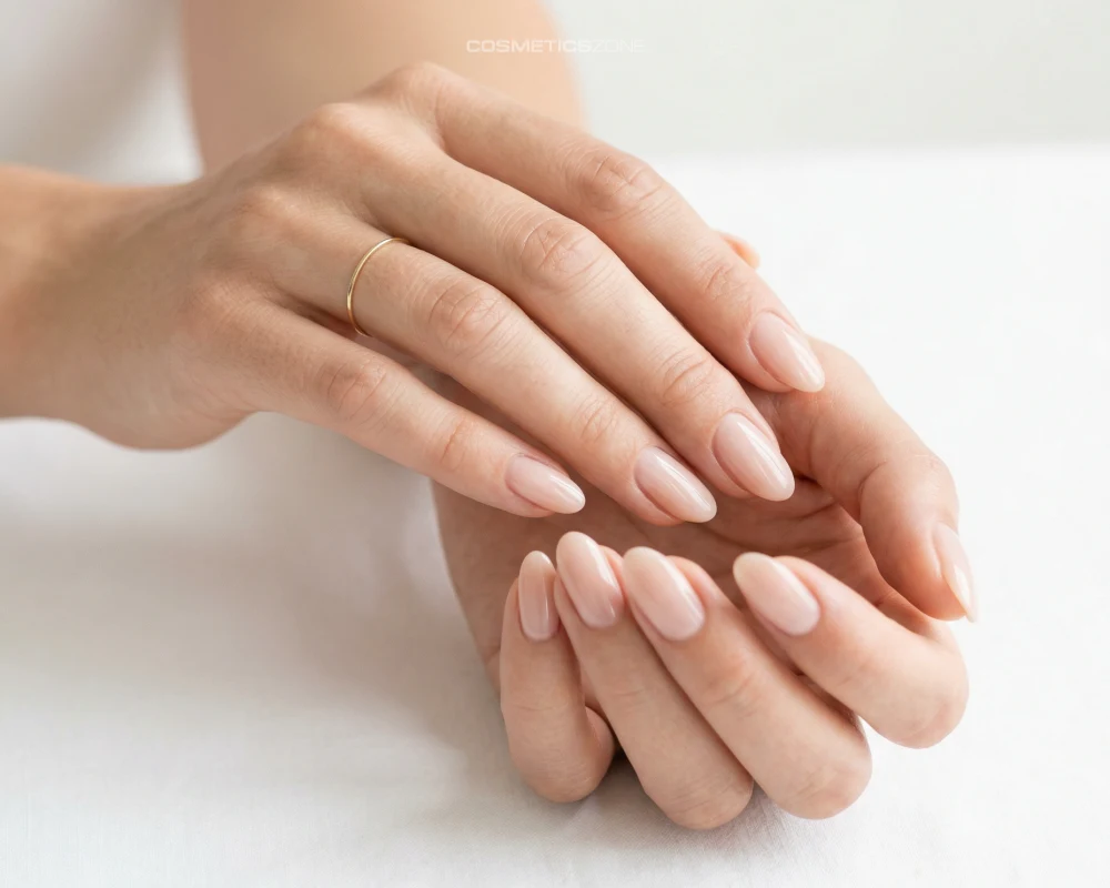 Naturalny manicure w odcieniu nude, paznokcie w kształcie migdał, zdrowa płytka i delikatna stylizacja dłoni