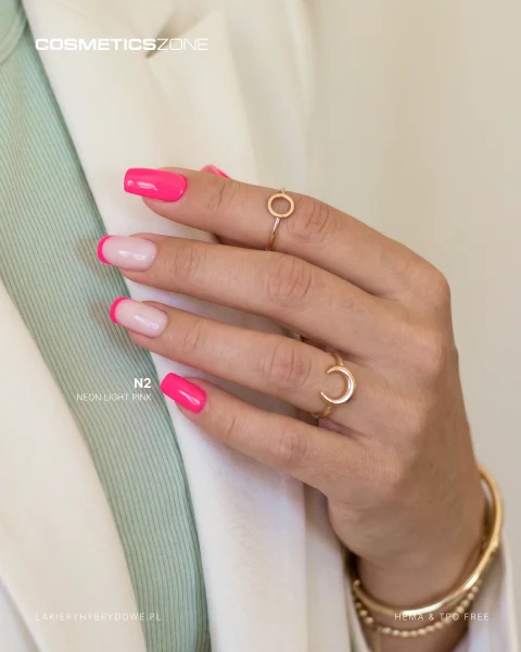 Neon Light Pink N2 Cosmetics Zone - neonowy różowy manicure z delikatnym frenchem i błyszczącym wykończeniem paznokci