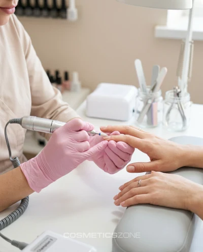 Opracowanie paznokci frezarką podczas manicure hybrydowego w salonie kosmetycznym