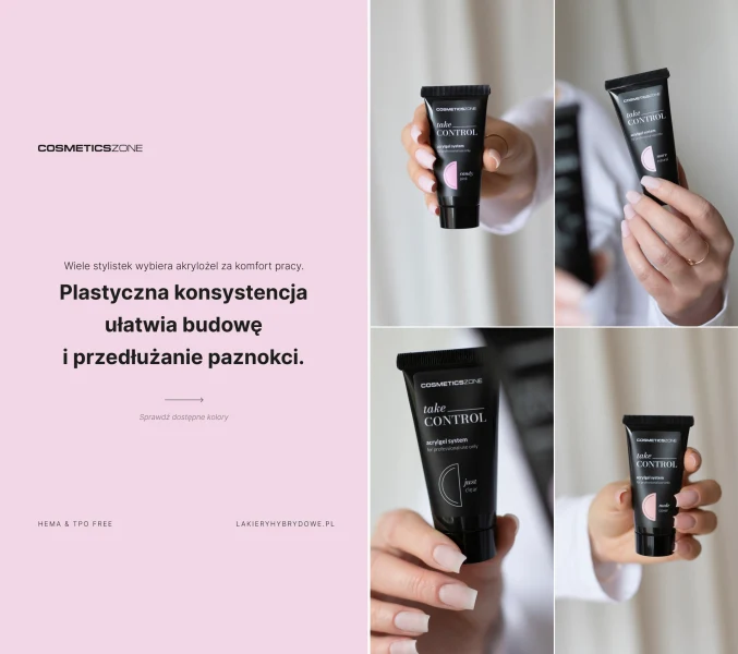 Akrylożele Cosmetics Zone HEMA & TPO FREE o plastycznej konsystencji ułatwiającej budowę i przedłużanie paznokci