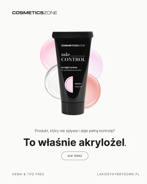Akrylożel Cosmetics Zone HEMA & TPO FREE do przedłużania i wzmacniania paznokci - produkt nie spływa i zapewnia pełną kontrolę podczas stylizacji paznokci