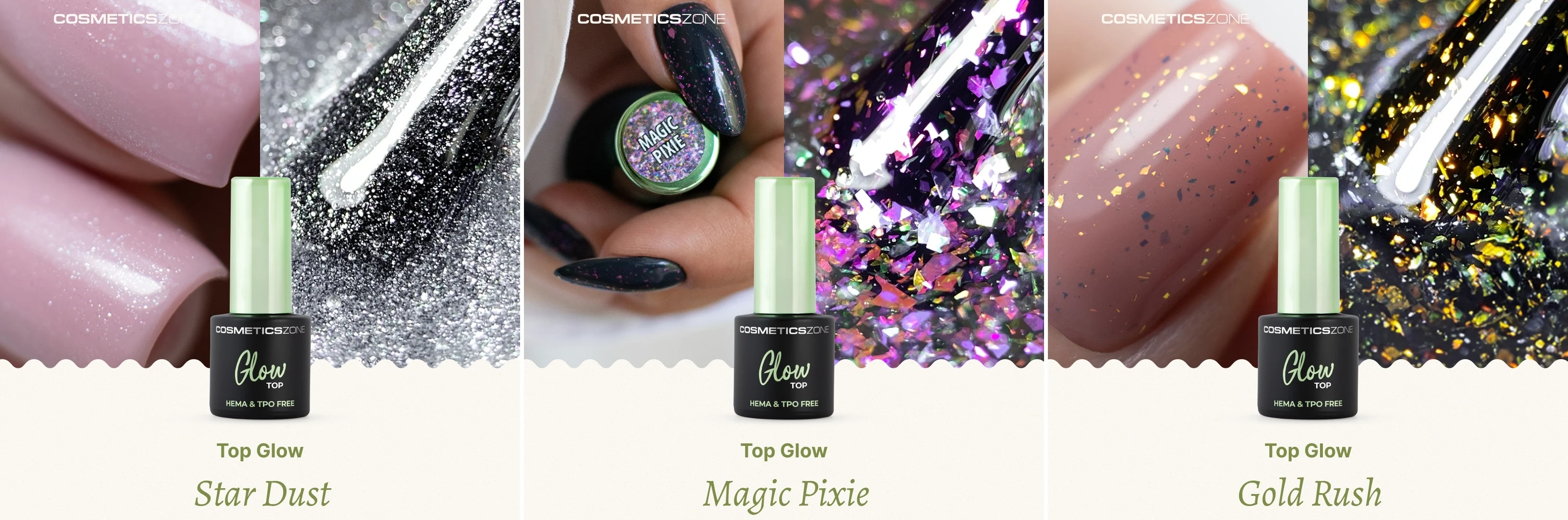 Top Glow Cosmetics Zone Star Dust, Magic Pixie i Gold Rush - hybrydowe topy z efektem drobinek i błyszczącego wykończenia manicure