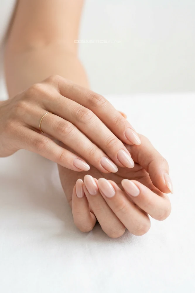 Zdrowe paznokcie po pielęgnacji, naturalny manicure nude w kształcie migdał, zadbane dłonie