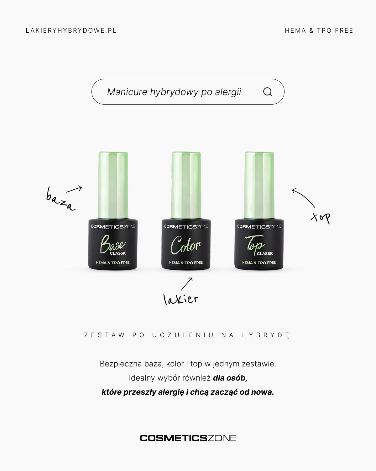 Zestaw do manicure hybrydowego po alergii – baza kolor i top