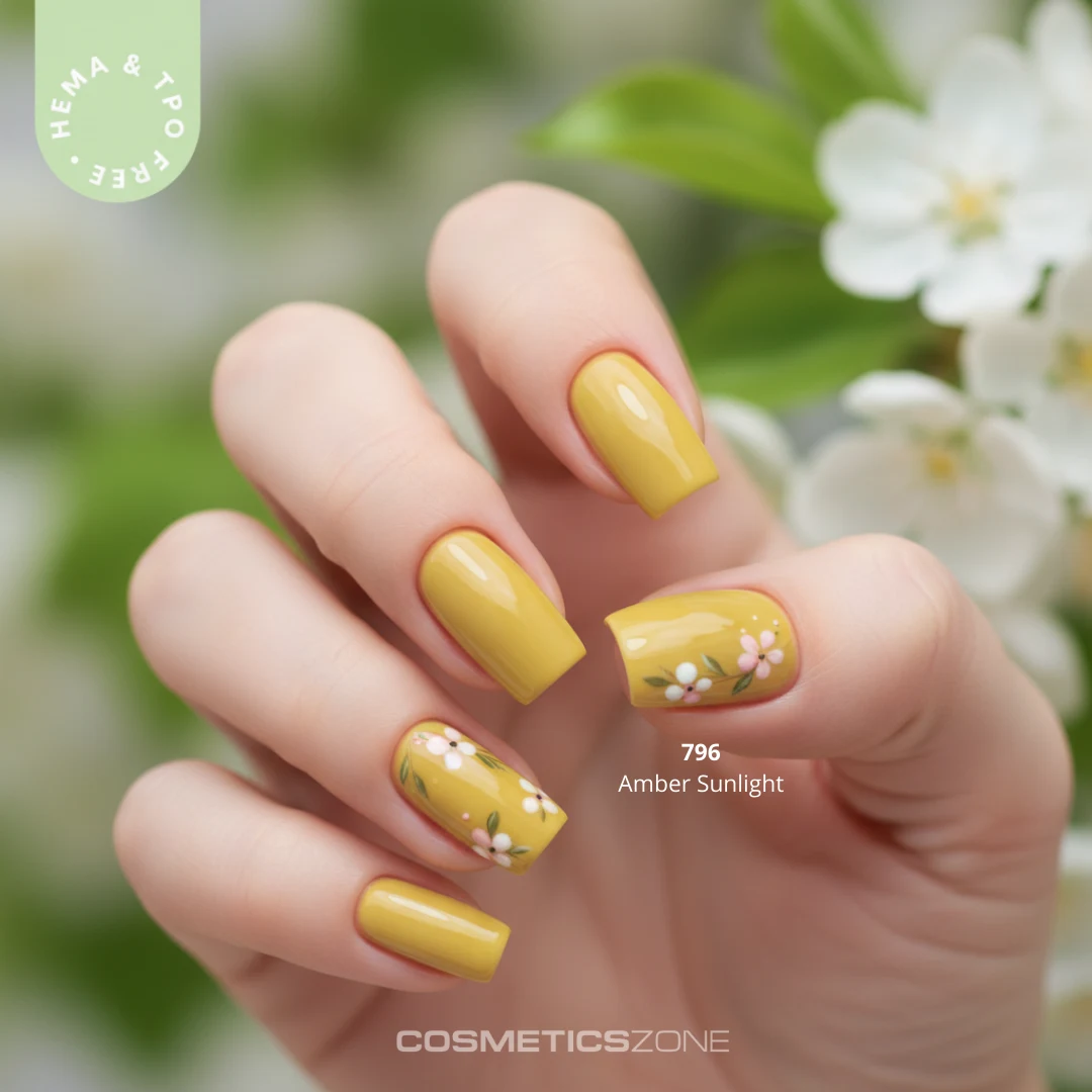 Pastelowe żółte paznokcie z kwiatkami – Amber Sunlight 796 | wiosenny manicure hybrydowy