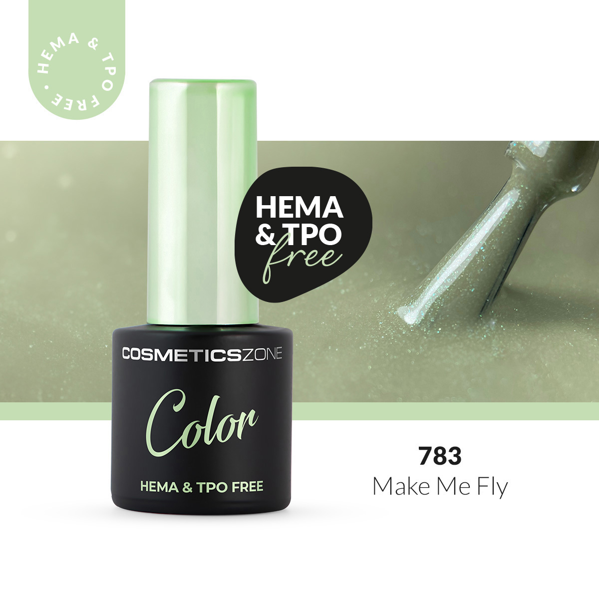 Lakier hybrydowy hipoalergiczny brokatowy zielony 7ml - Make Me Fly 783 bez HEMA i bez TPO