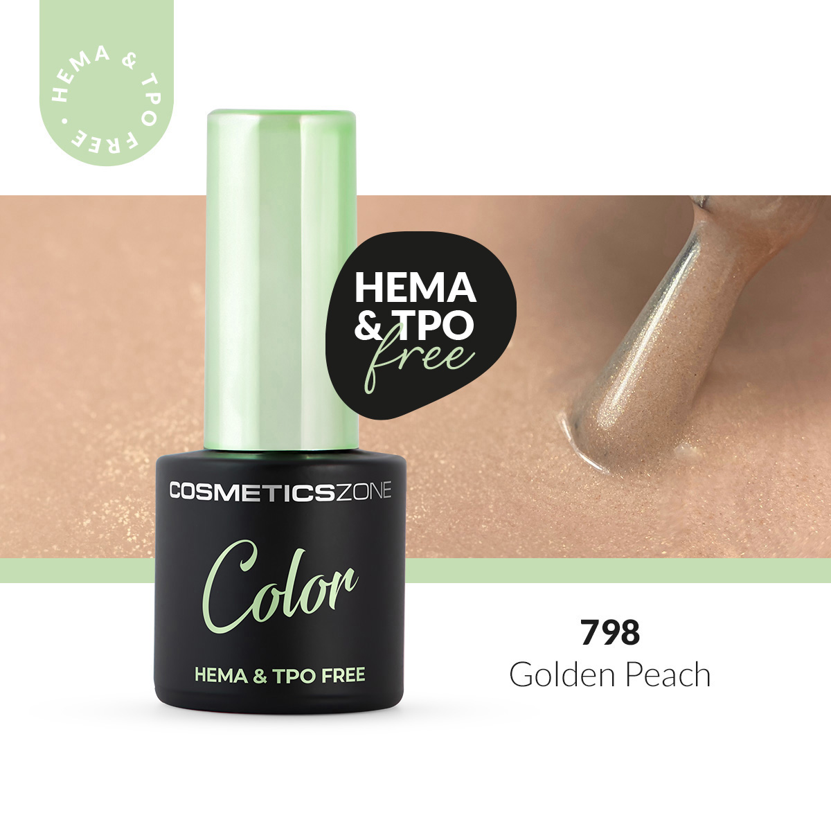Lakier hybrydowy hipoalergiczny brokatowy brzoskwiniowy 7ml - Golden Peach 798 bez HEMA i bez TPO