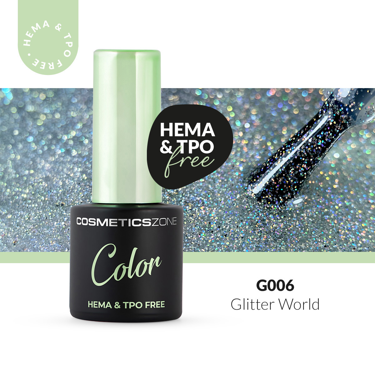 Lakier hybrydowy hipoalergiczny brokatowy srebrny multicolor 7ml - Glitter World G006 bez HEMA i bez TPO