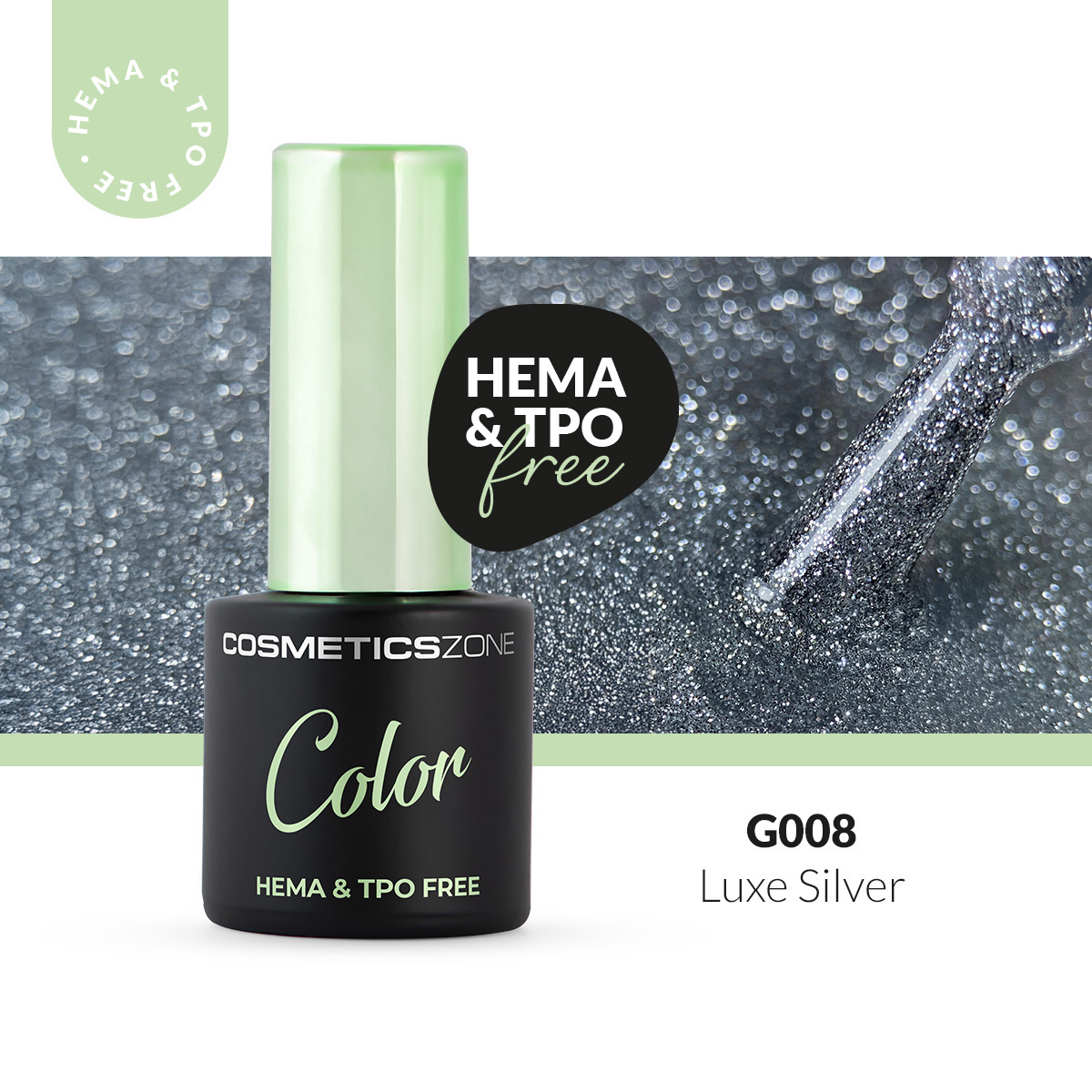 Lakier hybrydowy hipoalergiczny srebrny brokatowy 7ml - Luxe Silver G008 bez HEMA i bez TPO