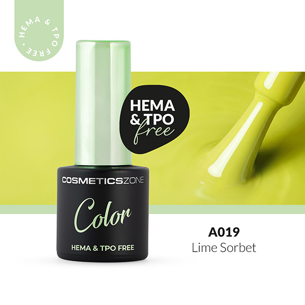Lakier hybrydowy Cosmetics Zone Color A019 Lime Sorbet – soczysty, neonowy odcień limonki, buteleczka 7 ml z oznaczeniem HEMA & TPO free.