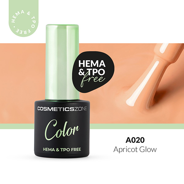 Lakier hybrydowy Cosmetics Zone Color A020 Apricot Glow – subtelny, morelowy odcień, buteleczka 7 ml z oznaczeniem HEMA & TPO free.