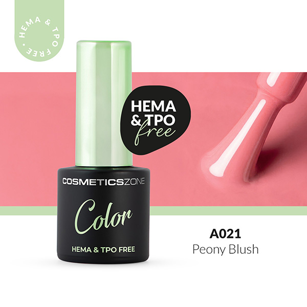 Lakier hybrydowy Cosmetics Zone Color A021 Peony Blush – delikatny, różowy odcień inspirowany piwonią, buteleczka 7 ml z oznaczeniem HEMA & TPO free.
