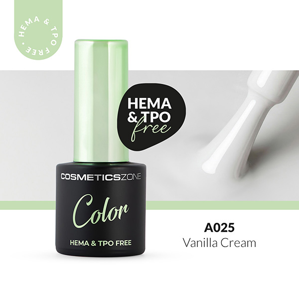 Lakier hybrydowy Cosmetics Zone Color A025 Vanilla Cream – subtelny, mlecznobiały odcień, buteleczka 7 ml z oznaczeniem HEMA & TPO free.