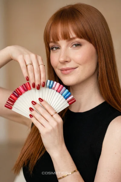 Rudowłosa kobieta trzymająca wzornik kolorów lakierów hybrydowych, czerwone paznokcie w kształcie migdał, elegancka stylizacja manicure